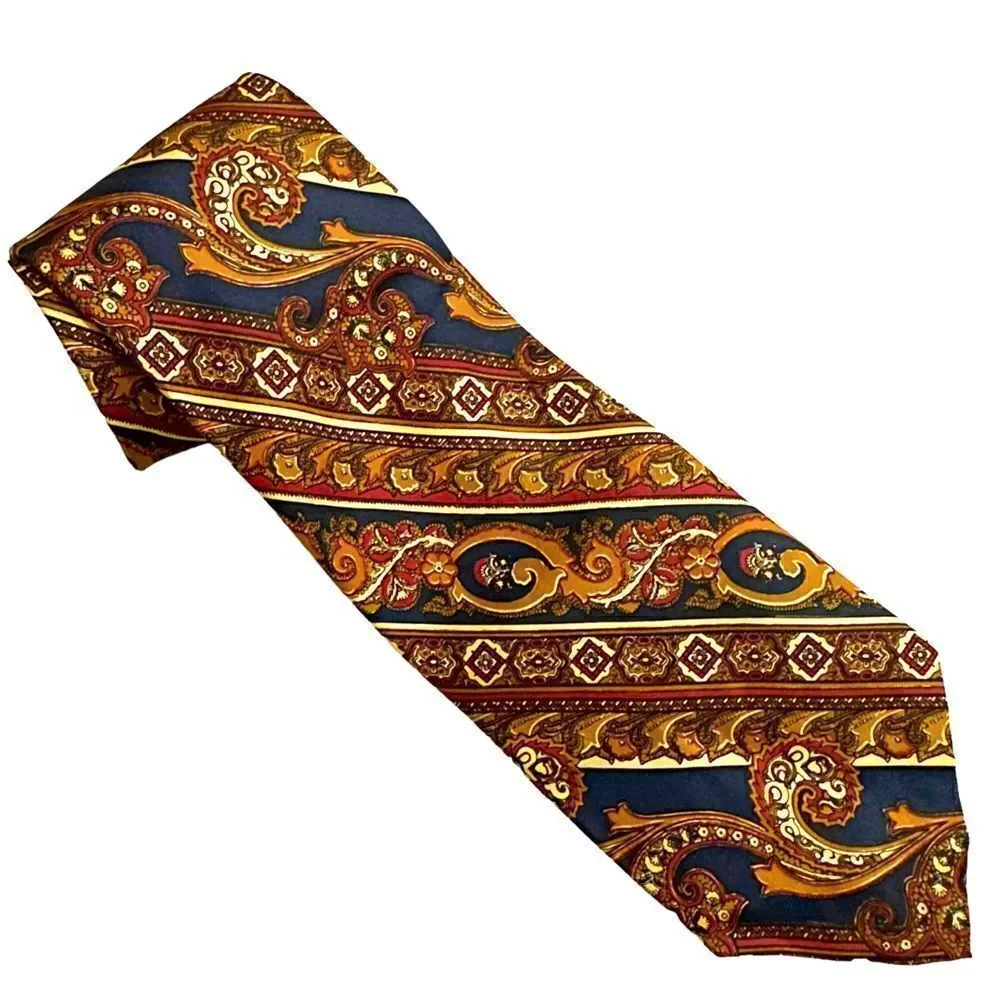 Vintage 70s John Comfort, England Gold and Navy Blue Paisley Striped Neck Tie